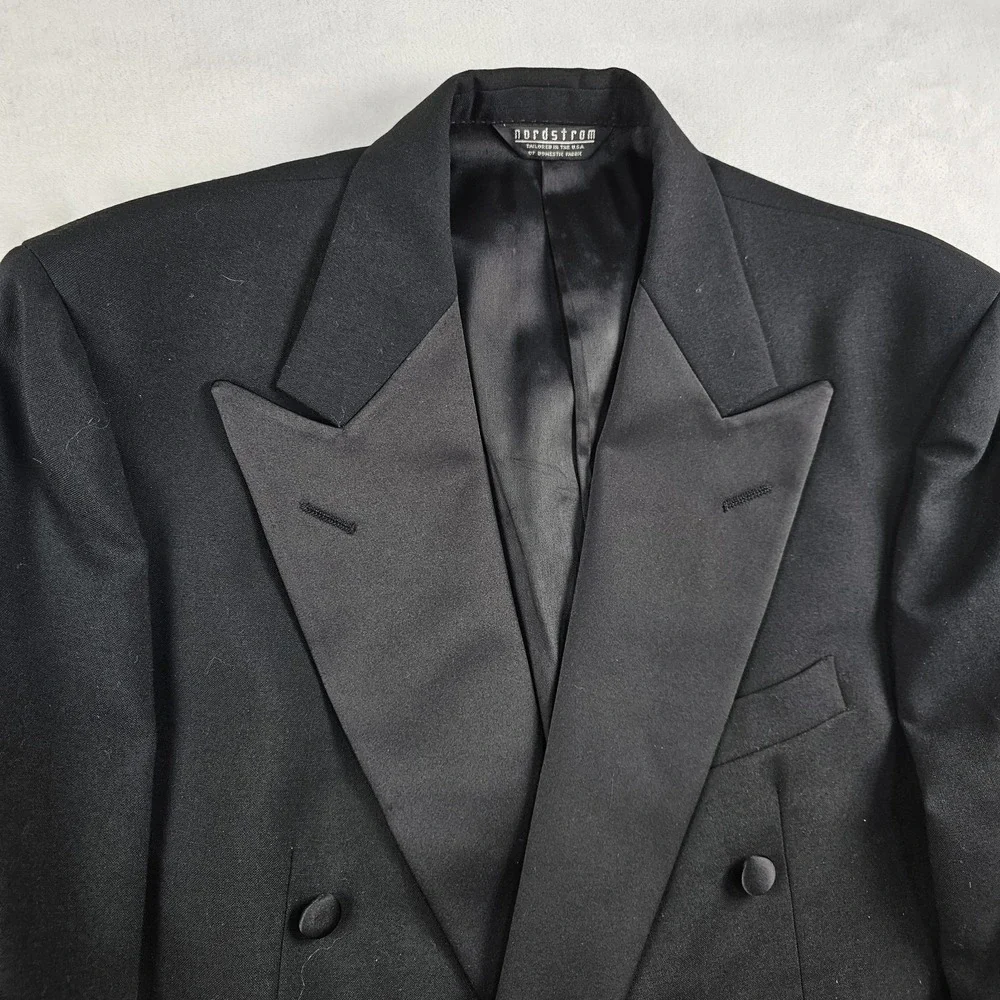 Vtg Nordstrom Tuxedo Suit Double Breasted 41R Pants 34x33 Satin Stripe USA Wool